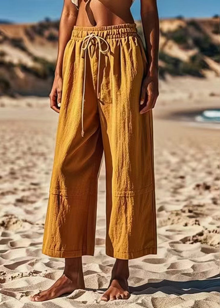 Simple Khaki Pockets Patchwork Tie Waist Wide Leg Pants