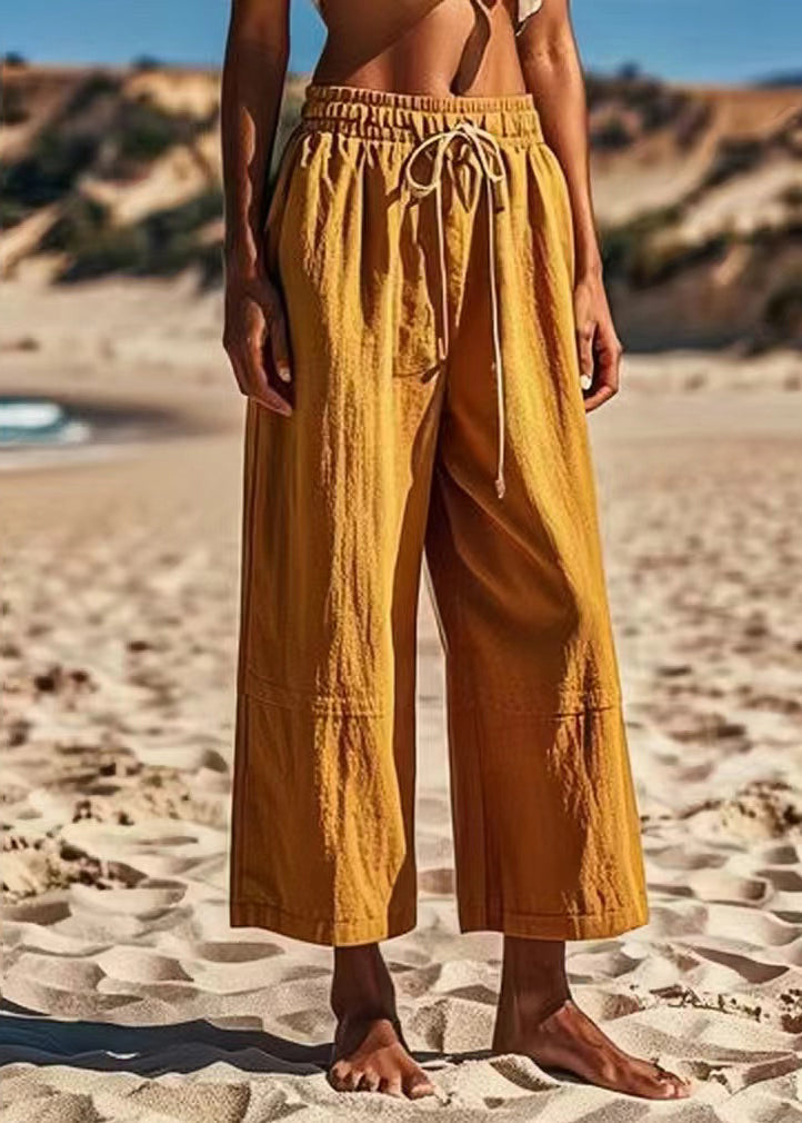 Simple Khaki Pockets Patchwork Tie Waist Wide Leg Pants