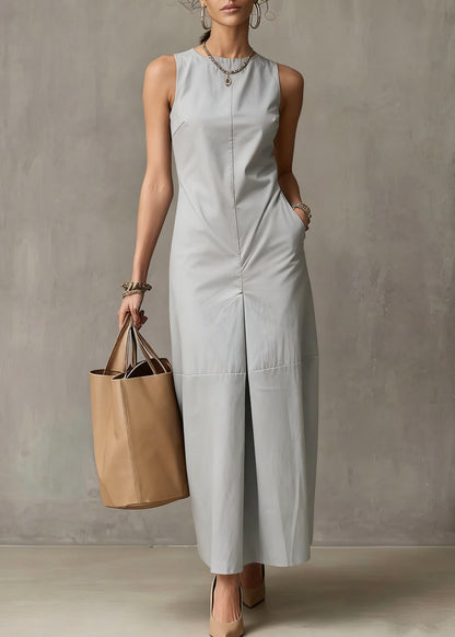 Simple Light Blue Pockets Cotton Long Dresses Sleeveless