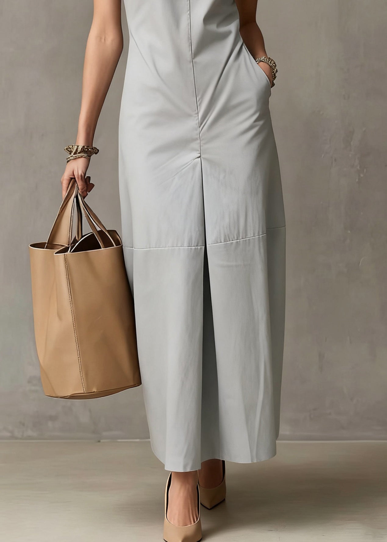 Simple Light Blue Pockets Cotton Long Dresses Sleeveless