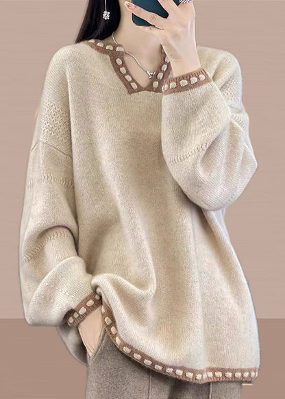 Simple Light Camel V Neck Patchwork Knit Sweaters Spring