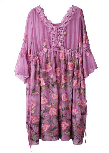 Simple Light Purple Embroidery Chiffon Patchwork Summer Vacation Dresses