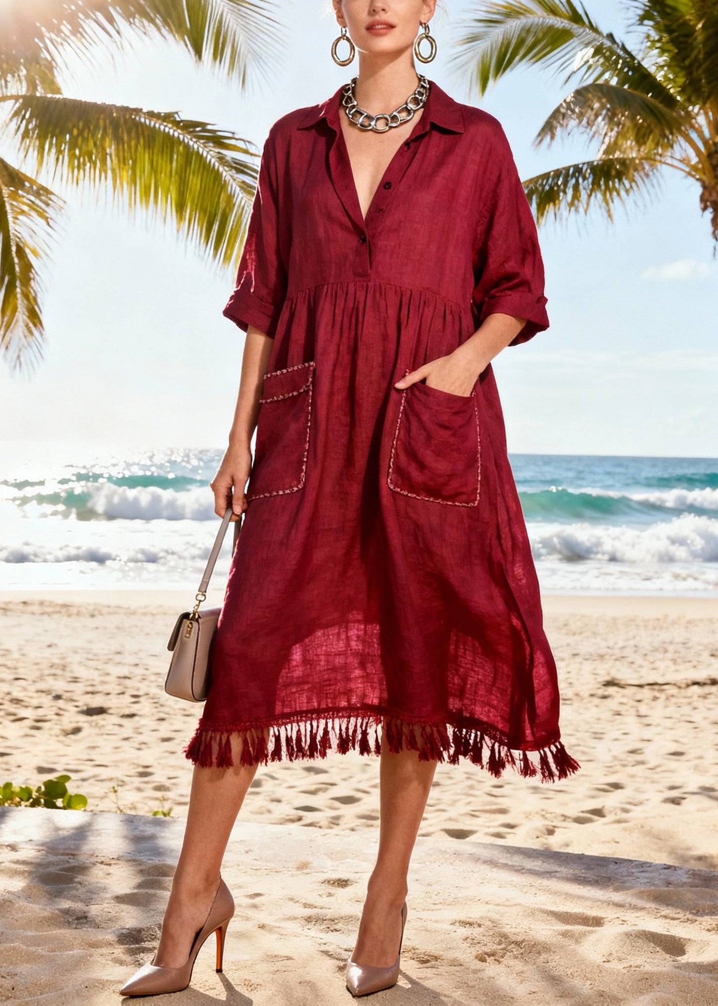 Simple Mulberry Tasseled Pockets Cotton Party Dress Summer