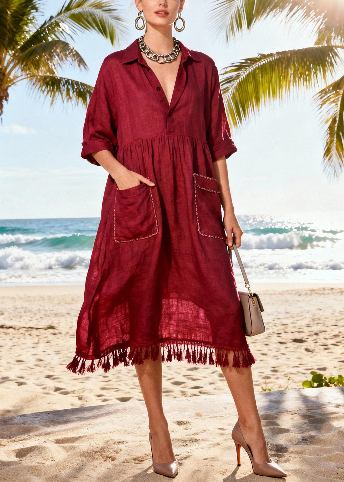 Simple Mulberry Tasseled Pockets Cotton Party Dress Summer