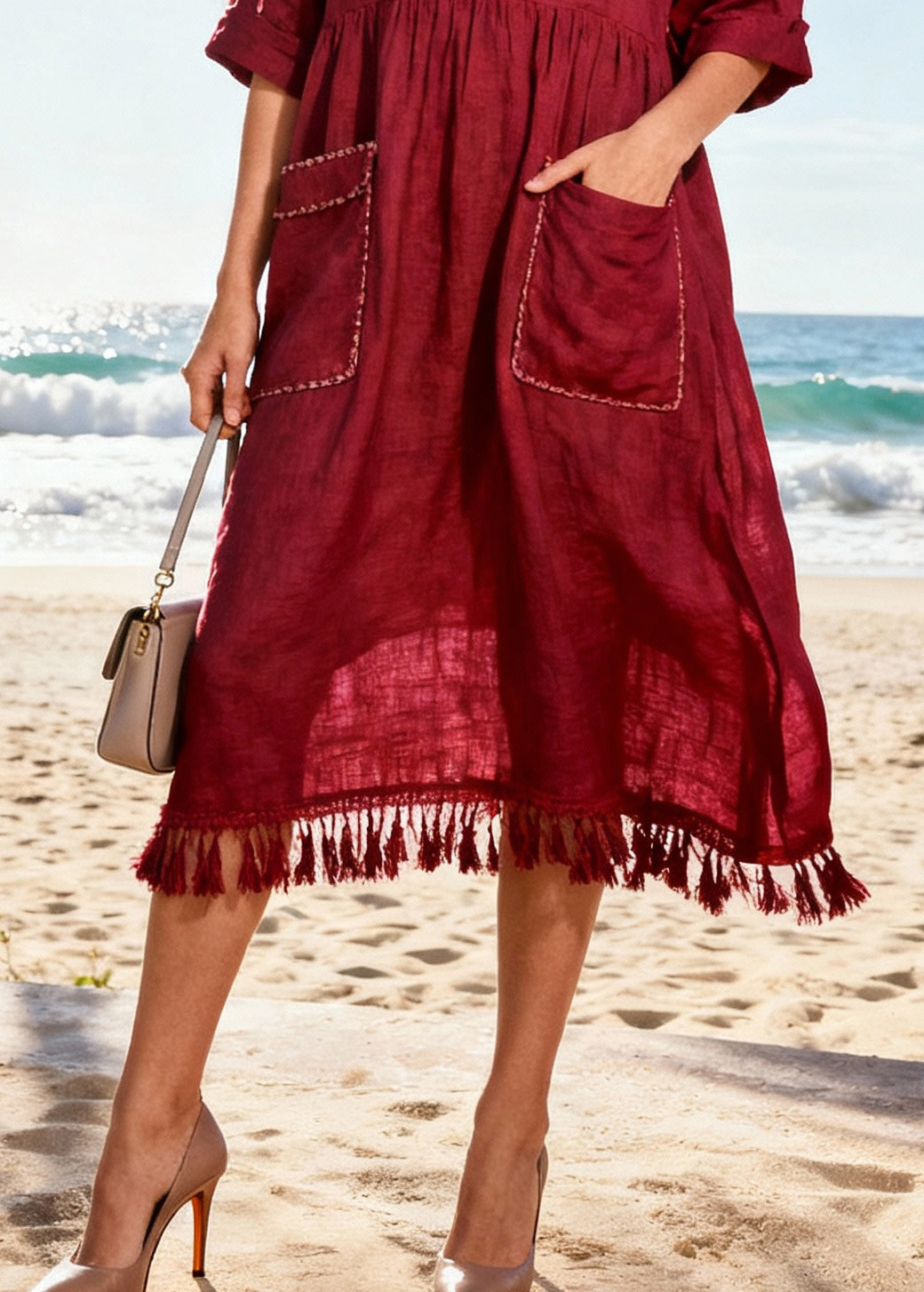 Simple Mulberry Tasseled Pockets Cotton Party Dress Summer