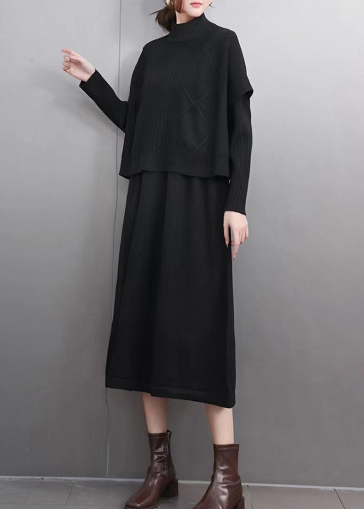Simple Mulberry Turtleneck Patchwork Cotton Knit Sweaters and Maxi Skirts Two Pieces Set Winter