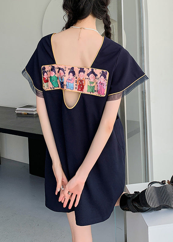 Simple Navy O-neck Patchwork Mid Dress Short Sleeve