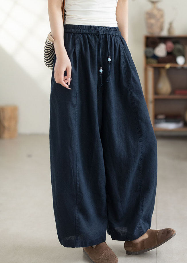 Simple Navy Oversized Elastic Waist Linen Pants Summer