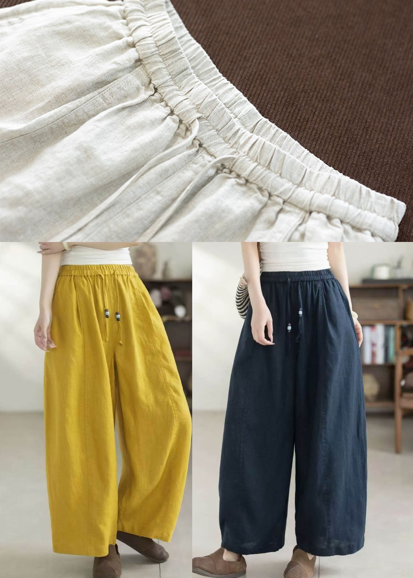Simple Navy Oversized Elastic Waist Linen Pants Summer