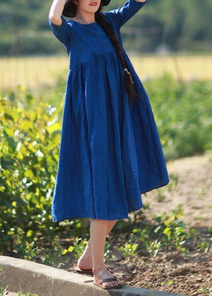 Simple O Neck Patchwork Summer Tunic Blue Dress