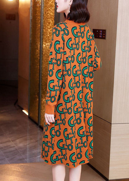 Simple Orange O-neck Letter Print Knit Sweater Dress Long Sleeve