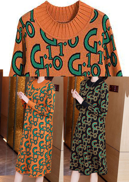 Simple Orange O-neck Letter Print Knit Sweater Dress Long Sleeve