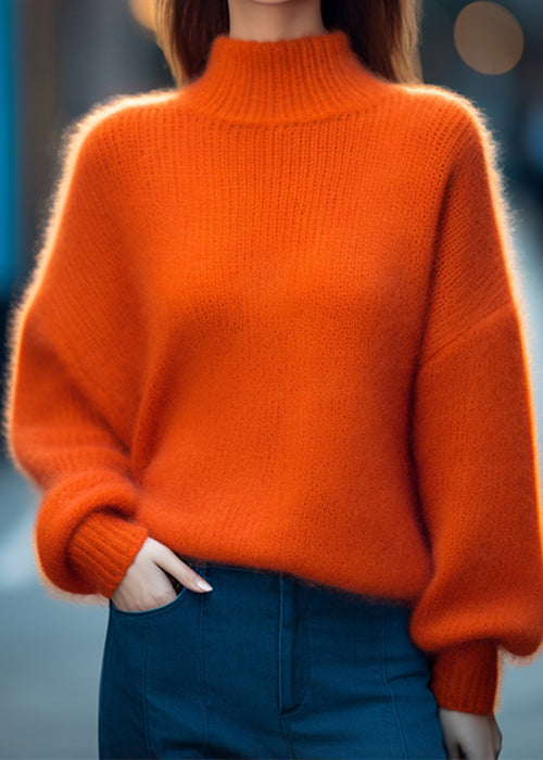 Simple Orange Turtleneck Cotton Knit Top Long Sleeve