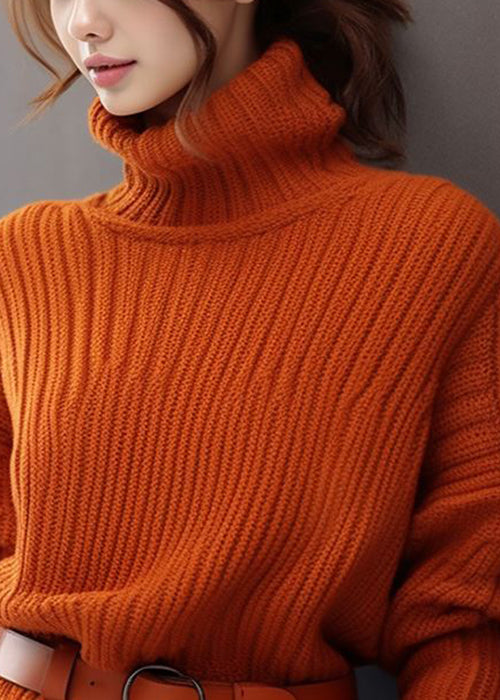 Simple Orange Turtleneck Thick Knit Sweaters Spring