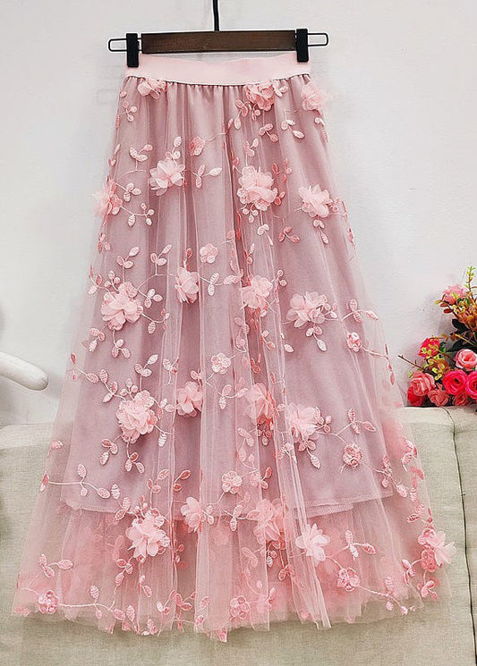 Simple Pink Embroideried Tulle Maxi Skirt Summer