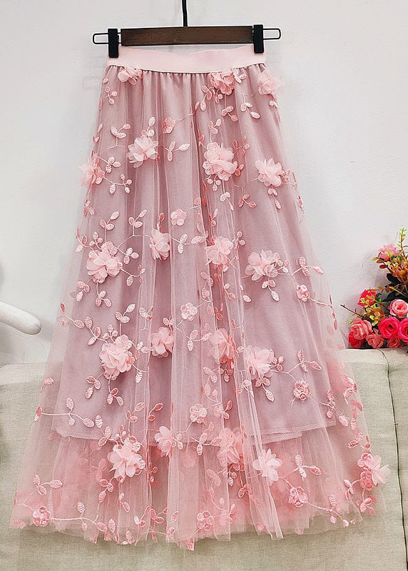 Simple Pink Embroideried Tulle Maxi Skirt Summer
