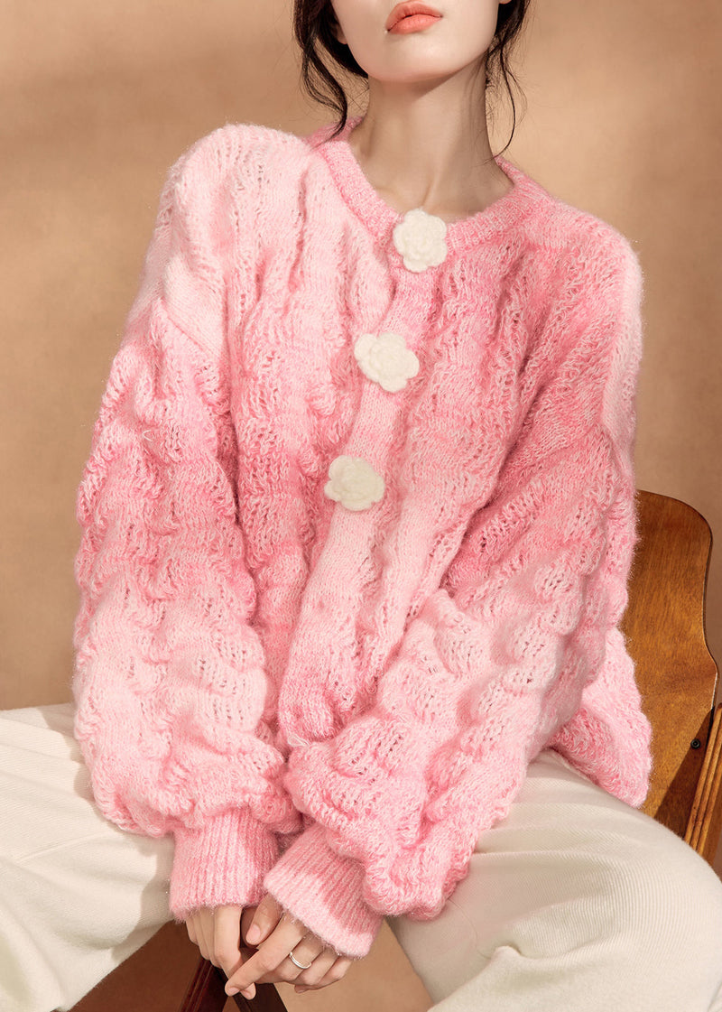 Simple Pink O Neck Button Knit Cardigan Spring