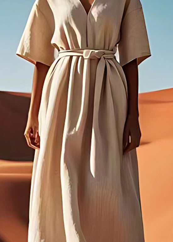 Simple Beige V Neck Tie Waist Linen Dresses Summer