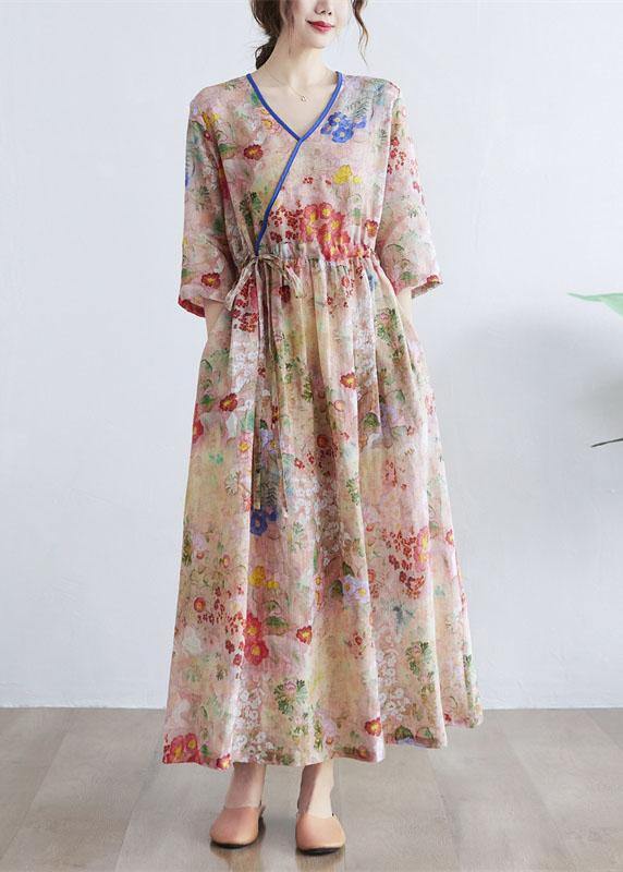 Simple Print V Neck Summer Tie Waist Long Dresses Half Sleeve