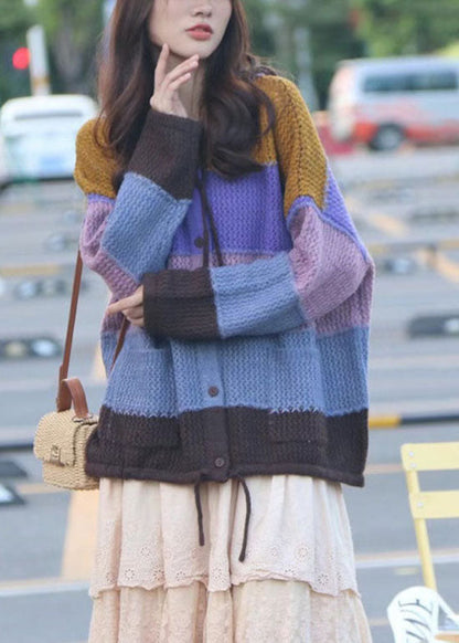 Simple Purple Button Pockets Patchwork Fall Drawstring Knit Sweaters