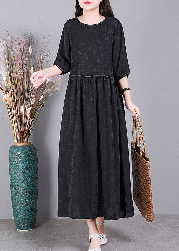Simple Purple O-neck Patchwork Wrinkled Jacquard Silk Maxi Dress Short Sleeve