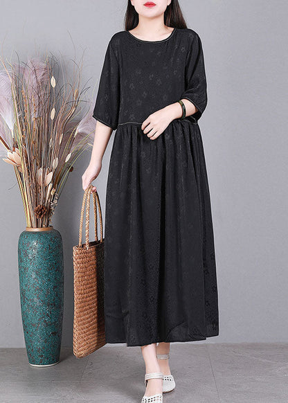 Simple Purple O-neck Patchwork Wrinkled Jacquard Silk Maxi Dress Short Sleeve