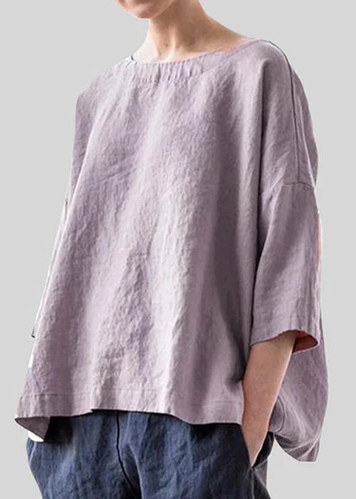Simple Purple O-neck Cotton Blouse Bracelet Sleeve