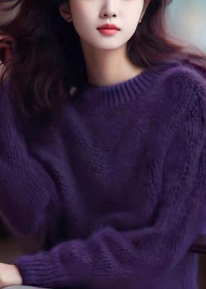 Simple Purple Cozy Cotton Knit Top Long Sleeve