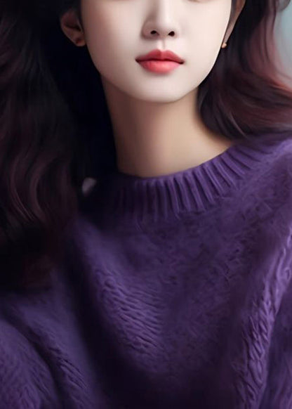 Simple Purple Cozy Cotton Knit Top Long Sleeve