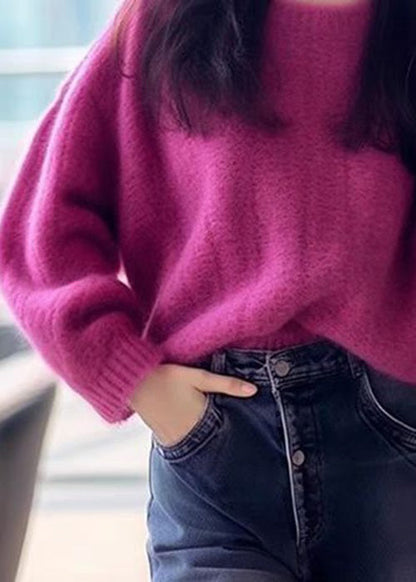 Simple Purple O Neck Cozy Cotton Knit Sweaters Long Sleeve