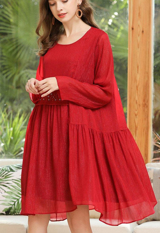 Simple Red Asymmetrical Design Chiffon Summer Dress