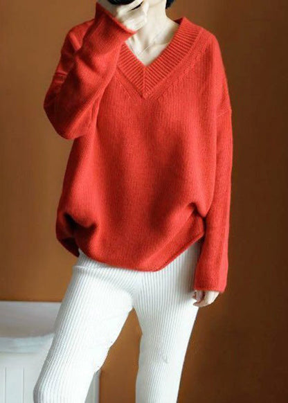 Simple Red Asymmetrical Knit Top Long Sleeve