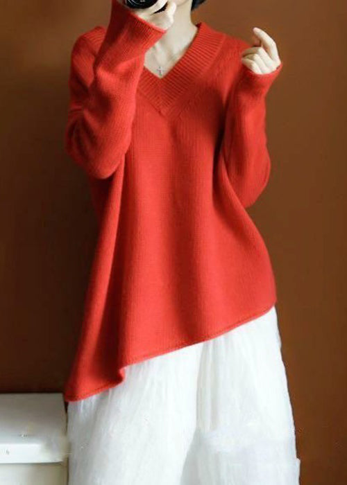 Simple Red Asymmetrical Knit Top Long Sleeve