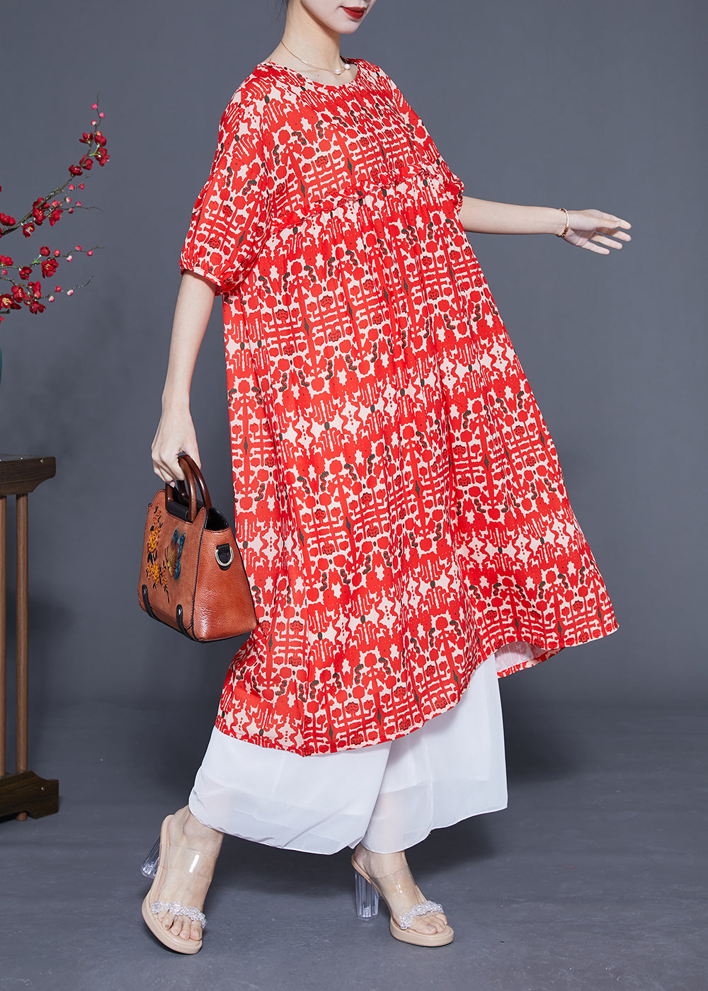 Simple Red O-neck Ruffled Print Silk Holiday Dress Summer