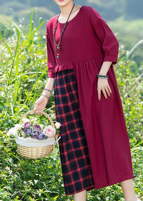 Simple Red Plaid Dress O Neck Patchwork Art Spring Dress