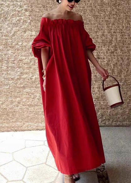Simple Red Slash Neck Ruffled Cotton Long Dresses Summer
