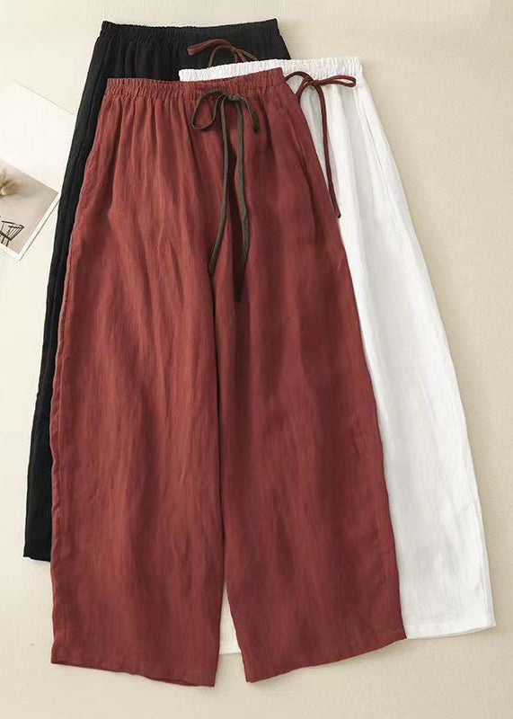Simple Red Elastic Waist Cotton Crop Pants Summer