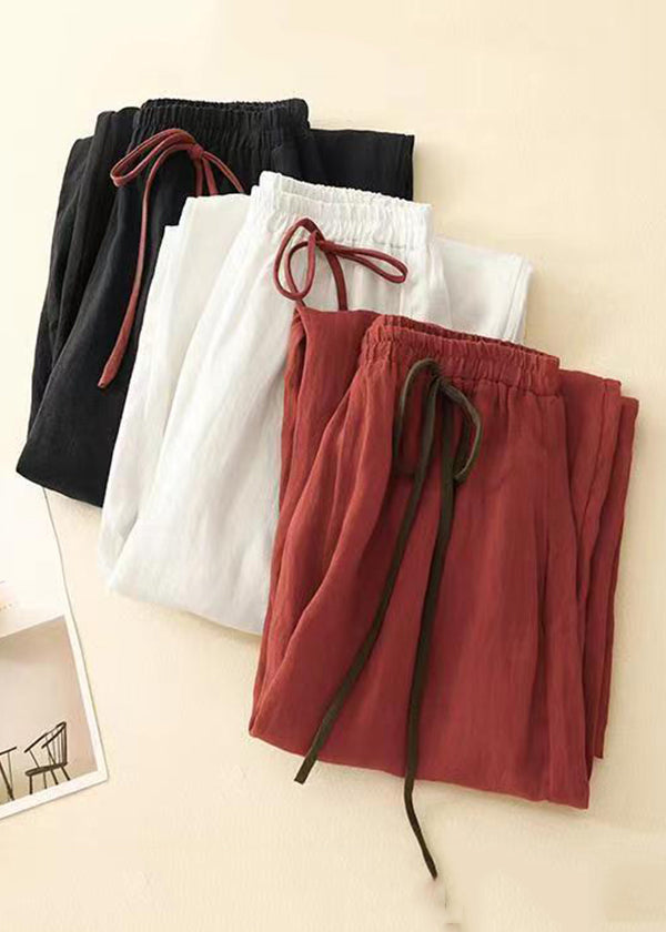 Simple Red Elastic Waist Cotton Crop Pants Summer