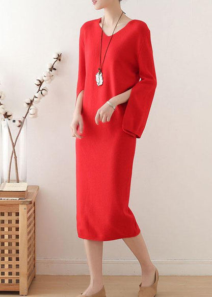 Simple Red V Neck Slim Fit Knitwear Dress