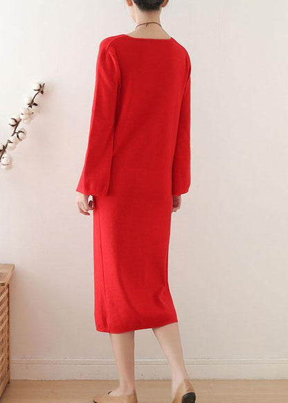 Simple Red V Neck Slim Fit Knitwear Dress