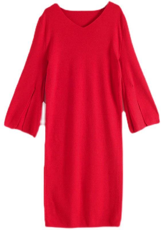 Simple Red V Neck Slim Fit Knitwear Dress