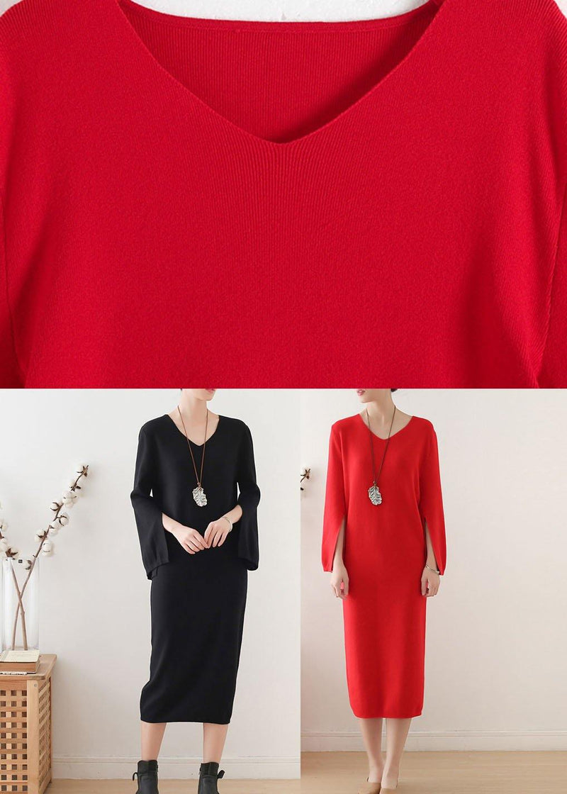 Simple Red V Neck Slim Fit Knitwear Dress