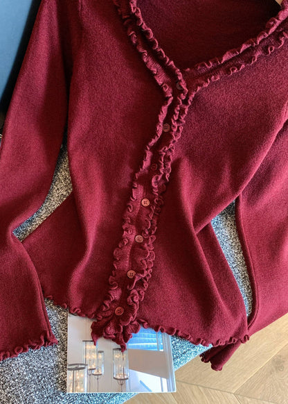 Simple Red V Neck Ruffled Knit Sweater Fall