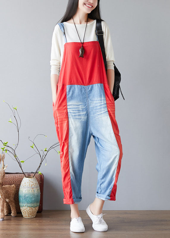 Simple Red Pockets Patchwork Jeans Jumpsuit Spring