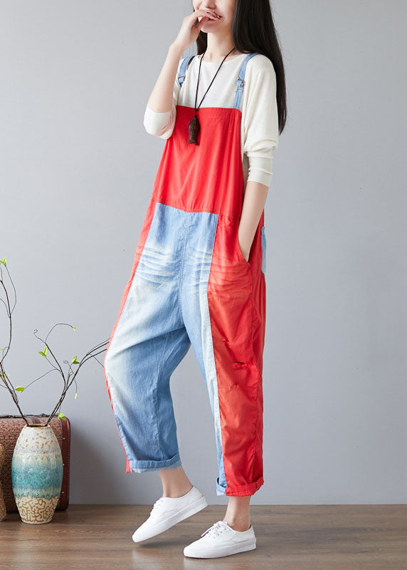 Simple Red Pockets Patchwork Jeans Jumpsuit Spring