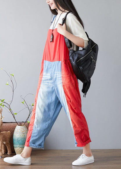 Simple Red Pockets Patchwork Jeans Jumpsuit Spring