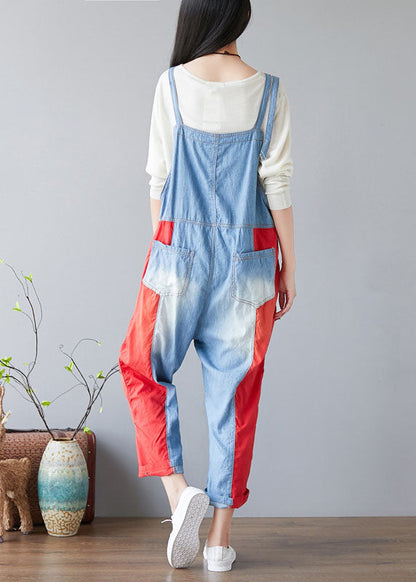 Simple Red Pockets Patchwork Jeans Jumpsuit Spring