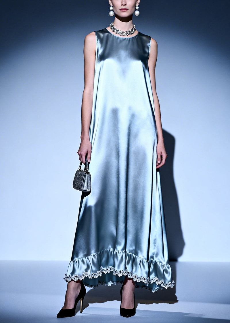Simple Silvery Oversized Lace Patchwork Silk Ankle Dress Sleeveless