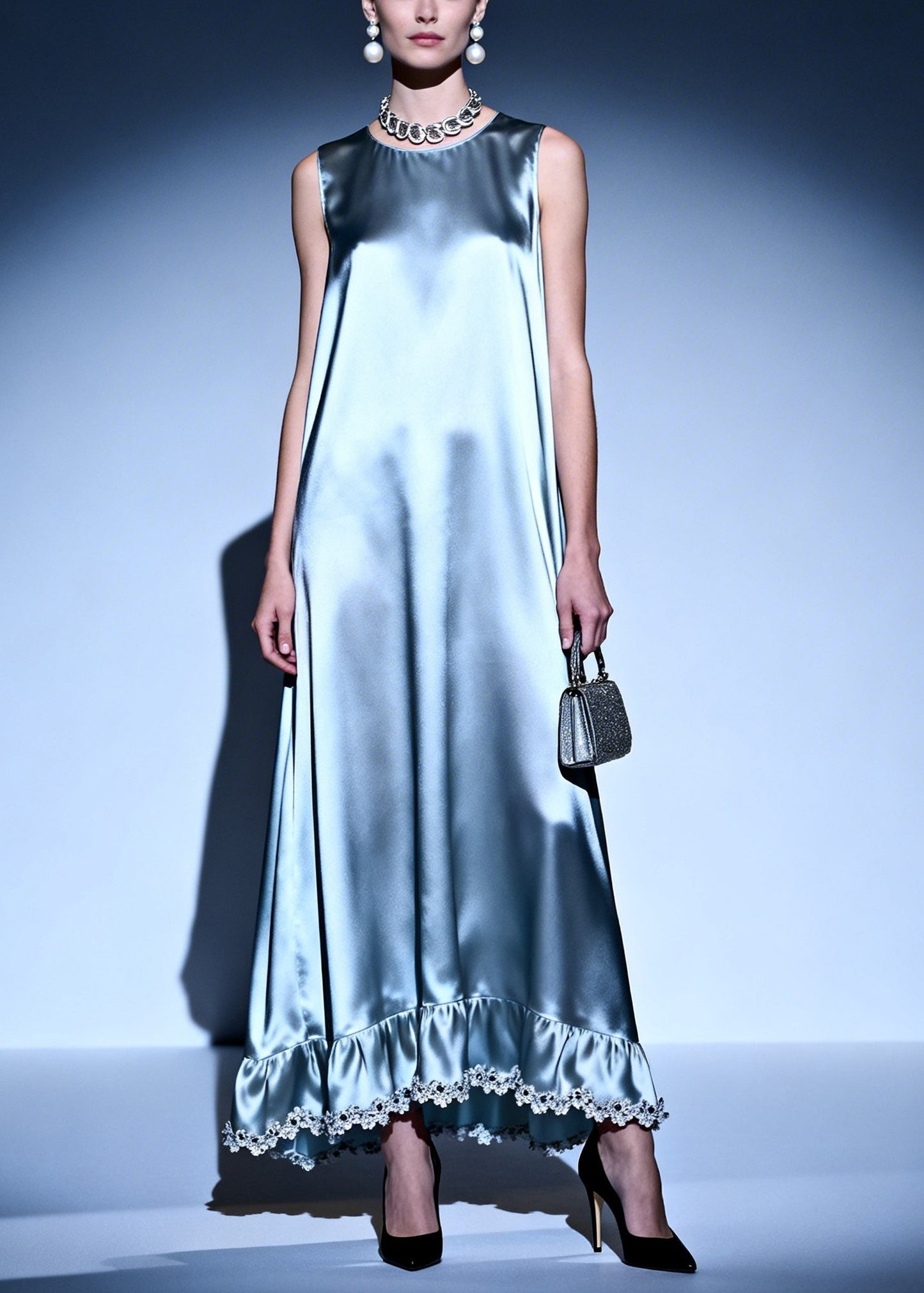 Simple Silvery Oversized Lace Patchwork Silk Ankle Dress Sleeveless