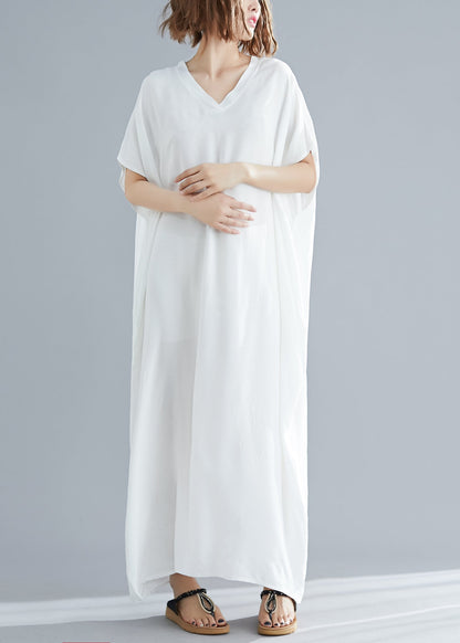 Simple White V Neck Cotton Beach Long Dress Short Sleeve